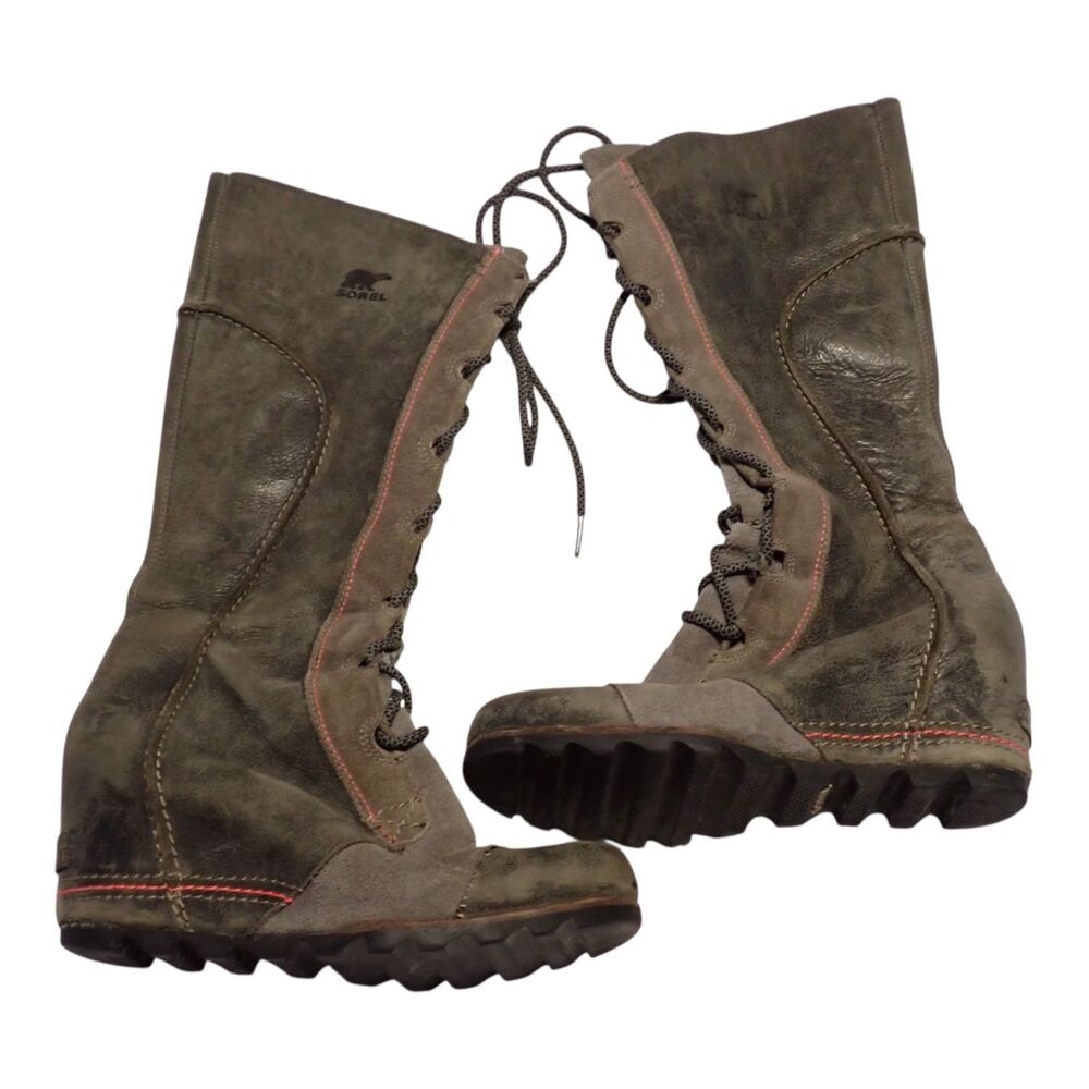 Sorel Cate the Great Boots 9.5 Tall Lace Up Leather Suede Olive Green Wedge